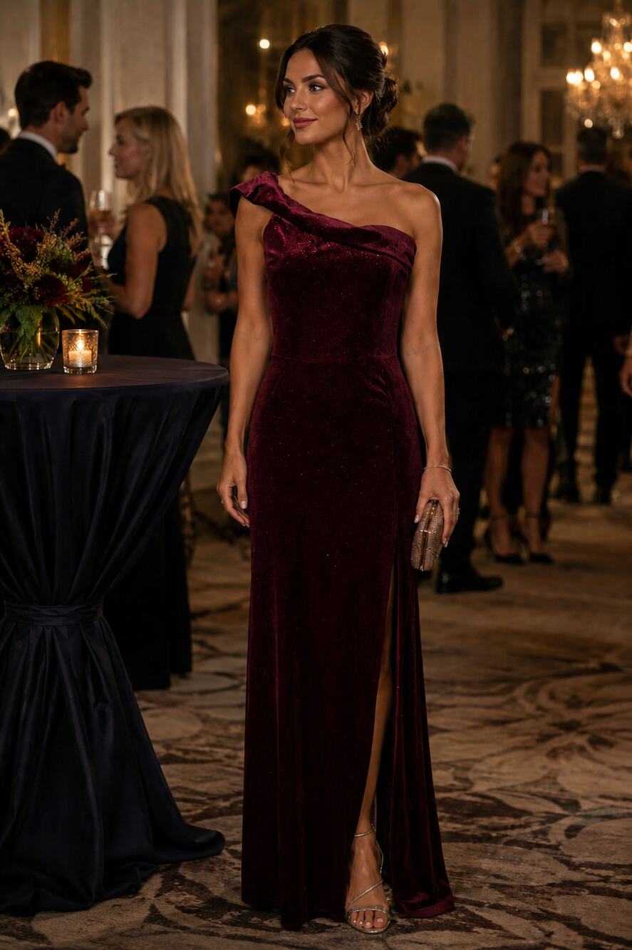 VTG B. Darlin Dress Maxi Red Sparkle Velvet Cocktail Hi Slit One Shoulder 5/6